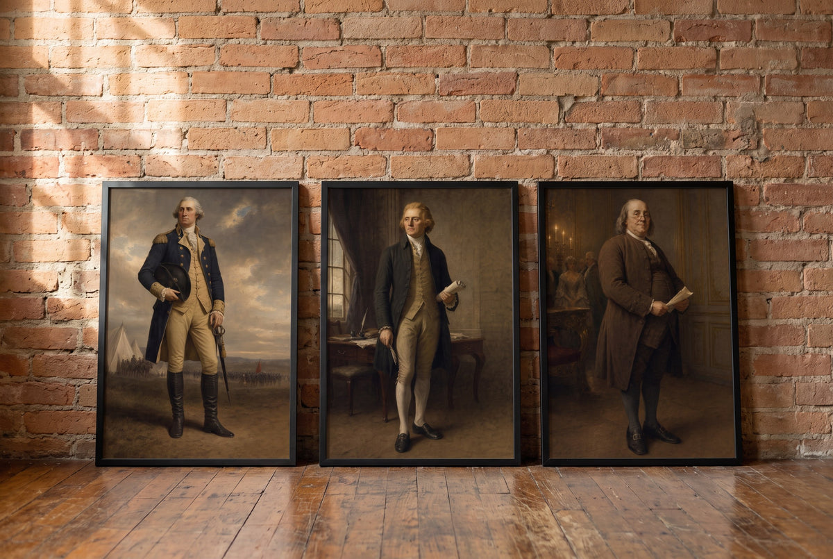 The Founders framed prints leaning against a brick wall