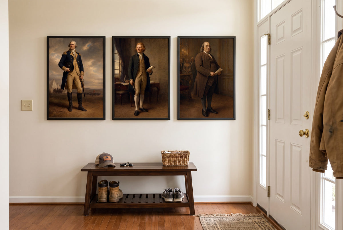 The Founders framed prints hung in a front entry
