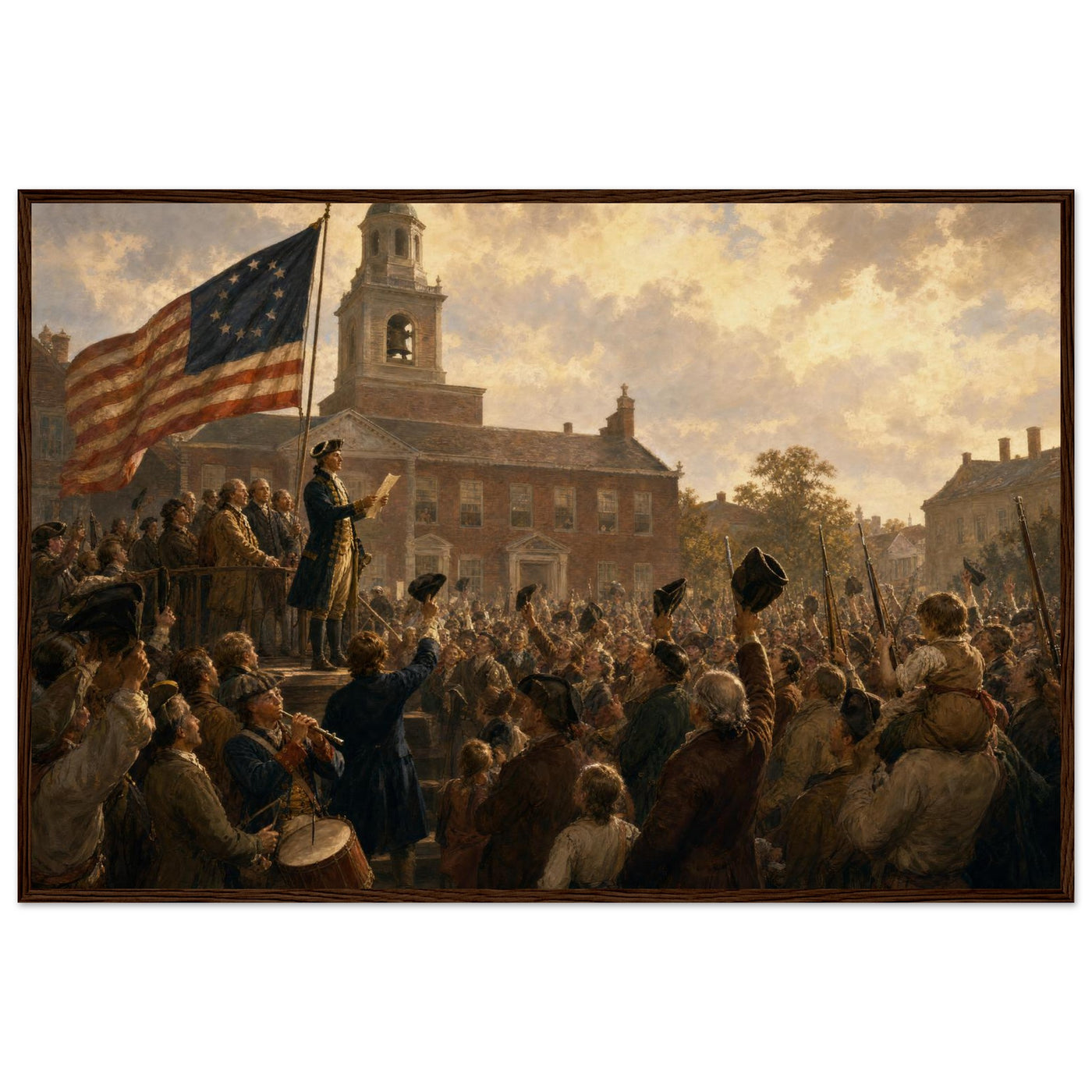 Wooden framed print of the first public reading of the Declaration — room view, ready to hang.