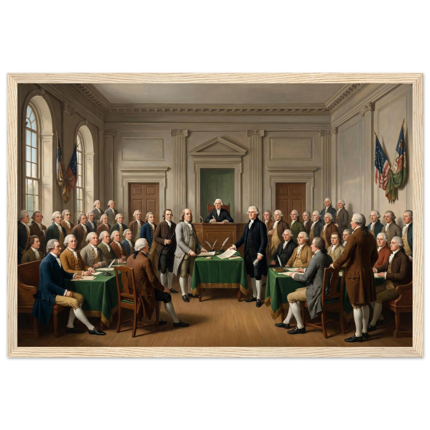 Wooden framed print of the signing of the Declaration — room view, ready to hang.