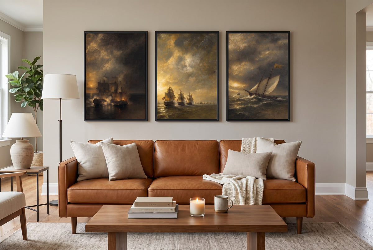The Revolution at Sea framed prints hung above a sofa in a living room