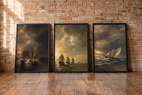 The Revolution at Sea framed prints leaning against a brick wall