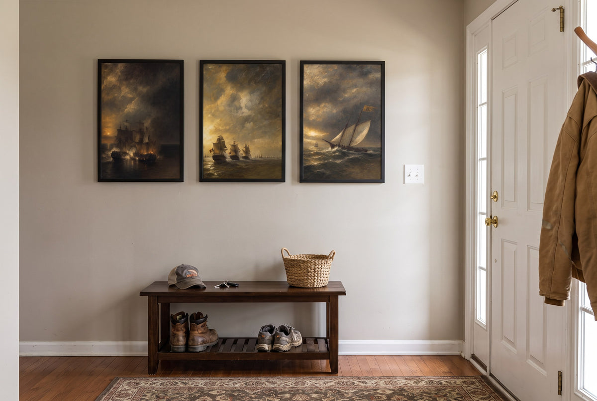 The Revolution at Sea framed prints hung in a front entry