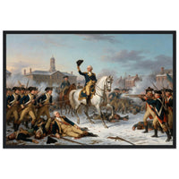 Framed print of Washington rallying the troops at Trenton, ready to hang.