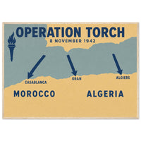 Torch — Minimalist — framed poster print of landing arrows on the North African coast, 12x18″ in a natural wood frame