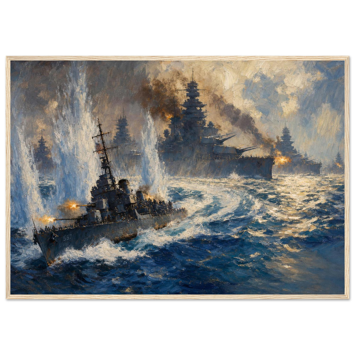 The Charge of the Johnston — framed fine art print of destroyer DD-557 firing on a cruiser, 12x18″ in a natural wood frame