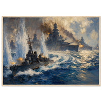 The Charge of the Johnston — framed fine art print of destroyer DD-557 firing on a cruiser, 12x18″ in a natural wood frame