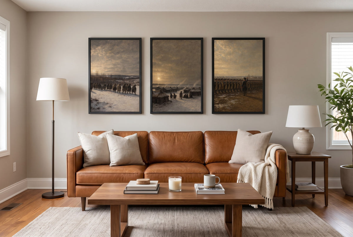 Valley Forge framed prints hung above a sofa in a living room