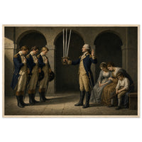 The Oath at Valley Forge — framed fine art print of Washington holding three swords aloft before three bowed officers, grieving women at right, in a natural wood frame