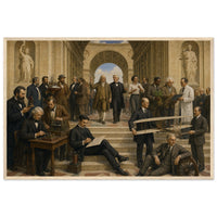 The School of Invention — framed fine art print of American inventors gathered on the steps of a vaulted hall, Franklin and Edison at center, in a natural wood frame
