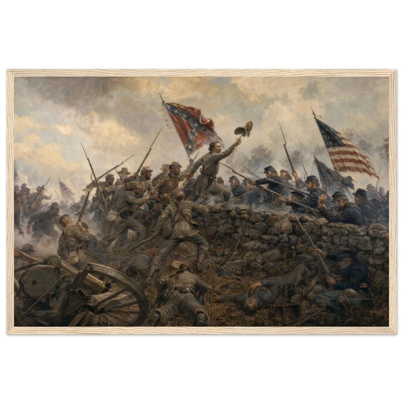 Framed art print of the hand-to-hand melee at the stone wall during Pickett's Charge, Confederate battle flag raised, in a solid wood frame.