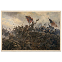 Framed art print of the hand-to-hand melee at the stone wall during Pickett's Charge, Confederate battle flag raised, in a solid wood frame.