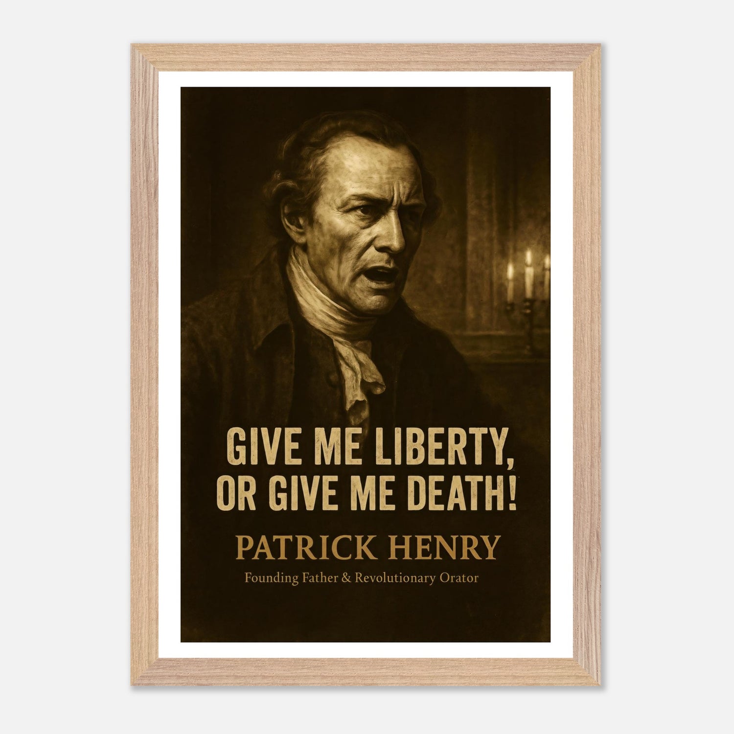 Framed Patrick Henry 'liberty or death' quote print, ready to hang.