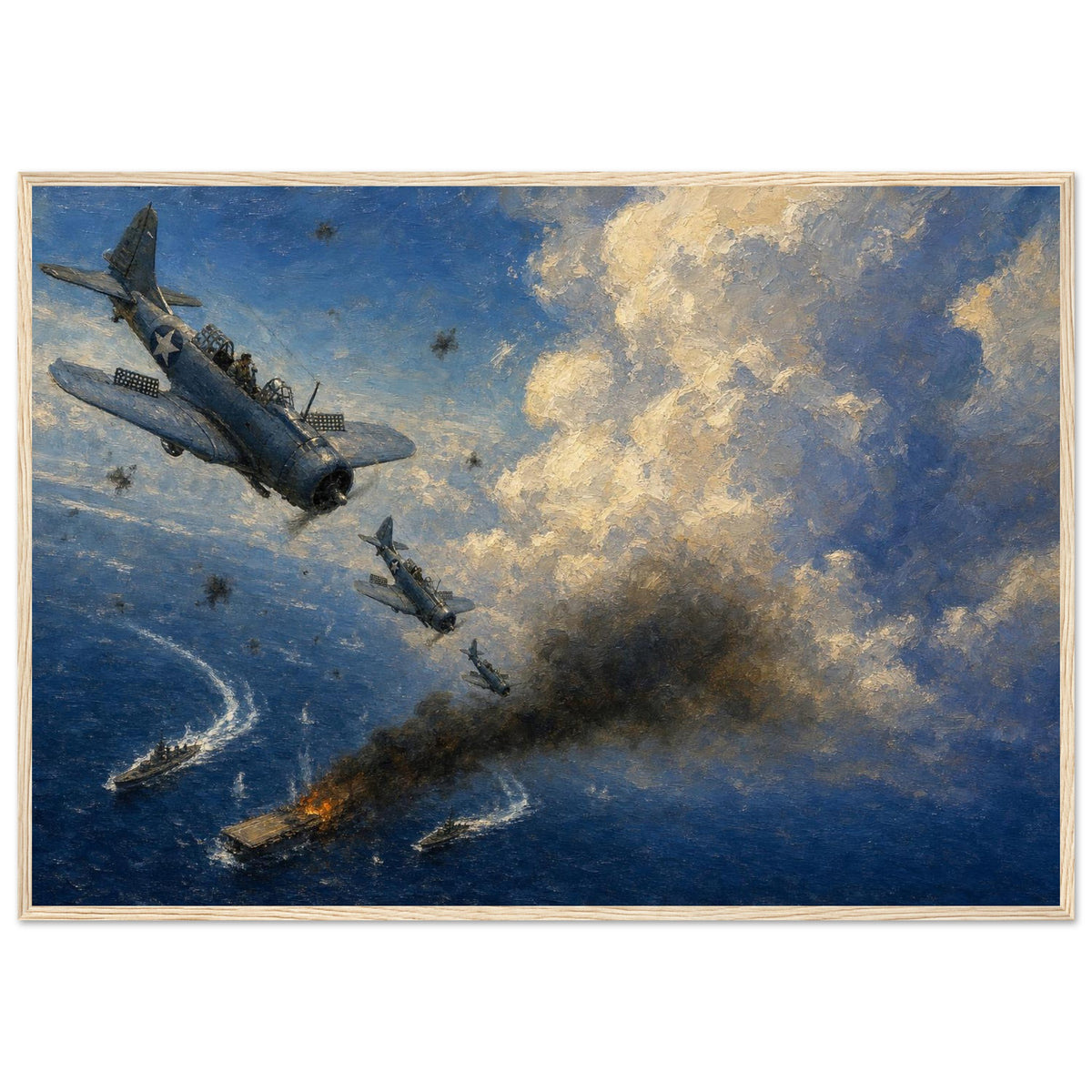 The Dive Bombers at Midway — framed fine art print of dive bombers over a burning carrier, 12x18″ in a natural wood frame