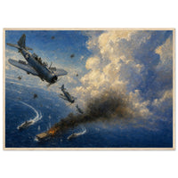 The Dive Bombers at Midway — framed fine art print of dive bombers over a burning carrier, 12x18″ in a natural wood frame