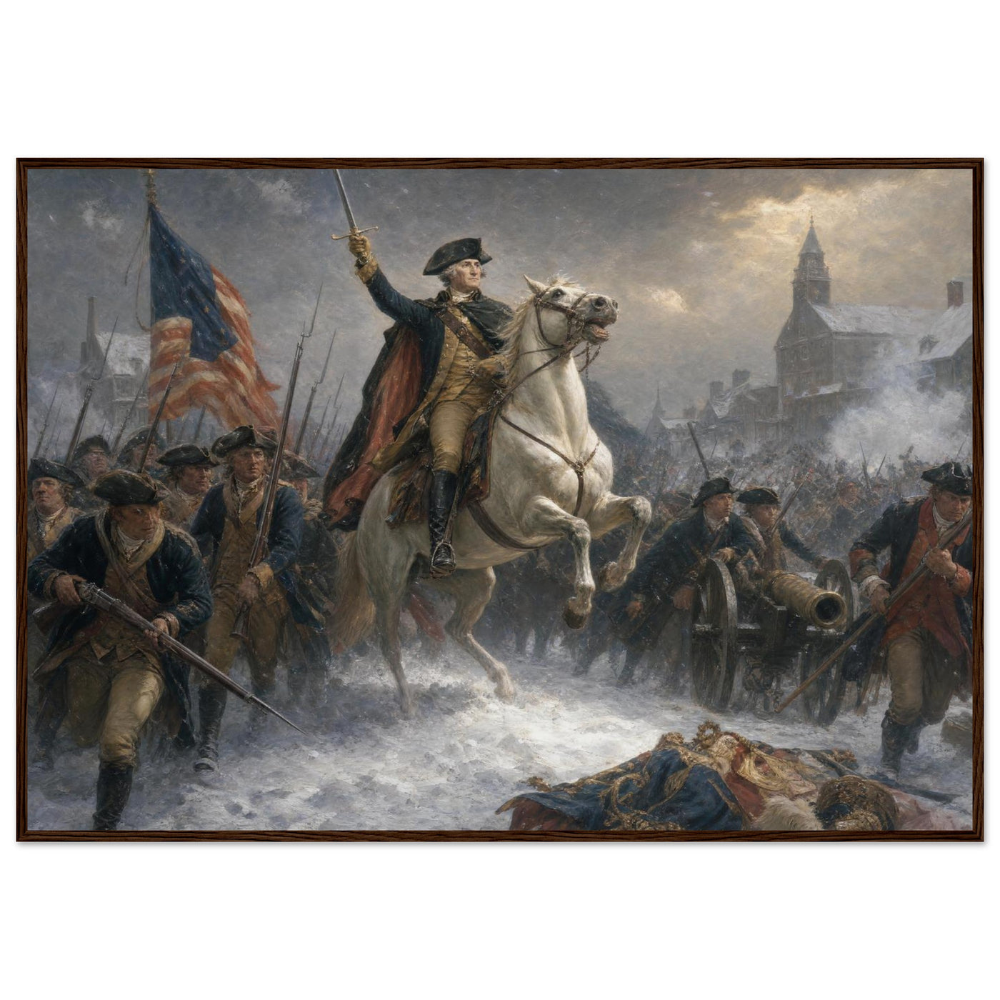 Wooden framed print of Washington rallying the troops at Trenton — room view, ready to hang.