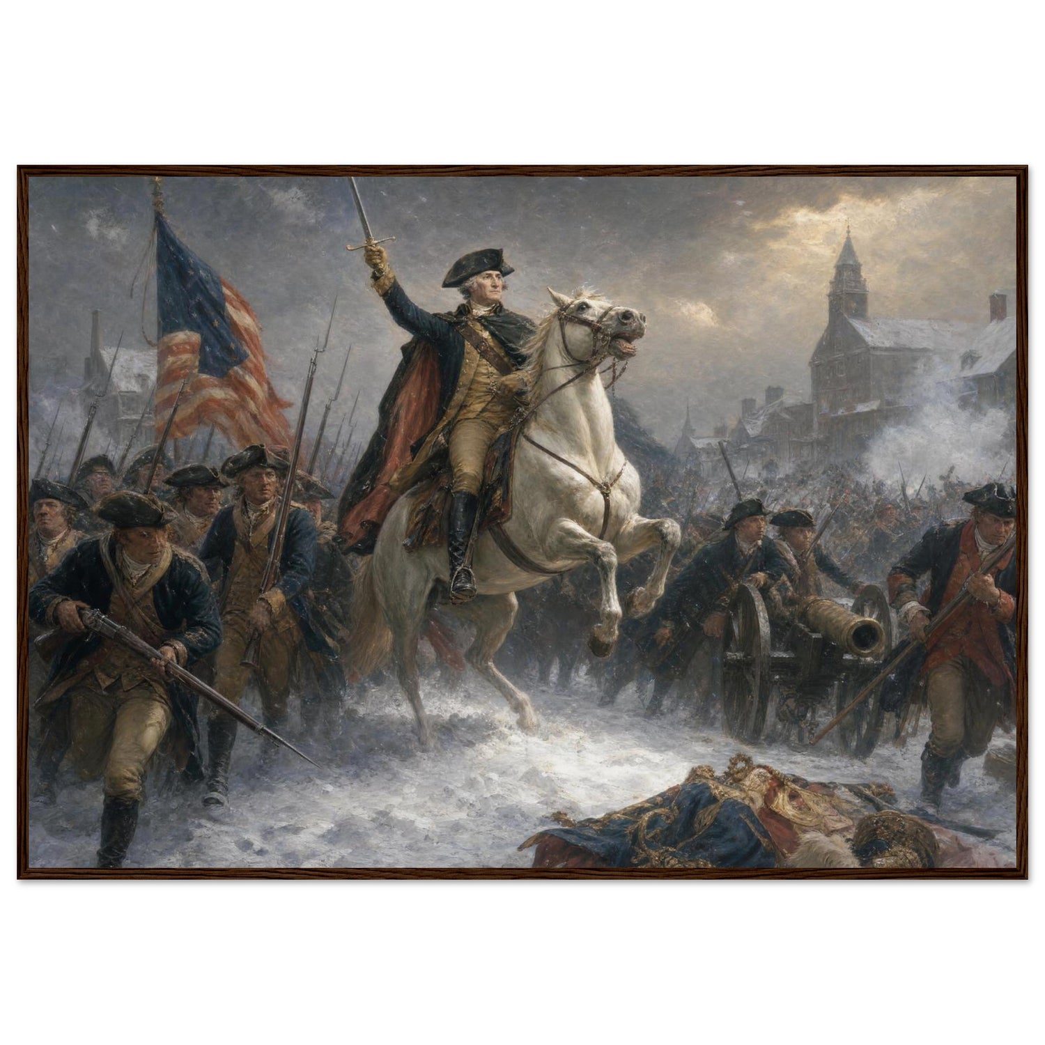 Wooden framed print of Washington rallying the troops at Trenton — room view, ready to hang.
