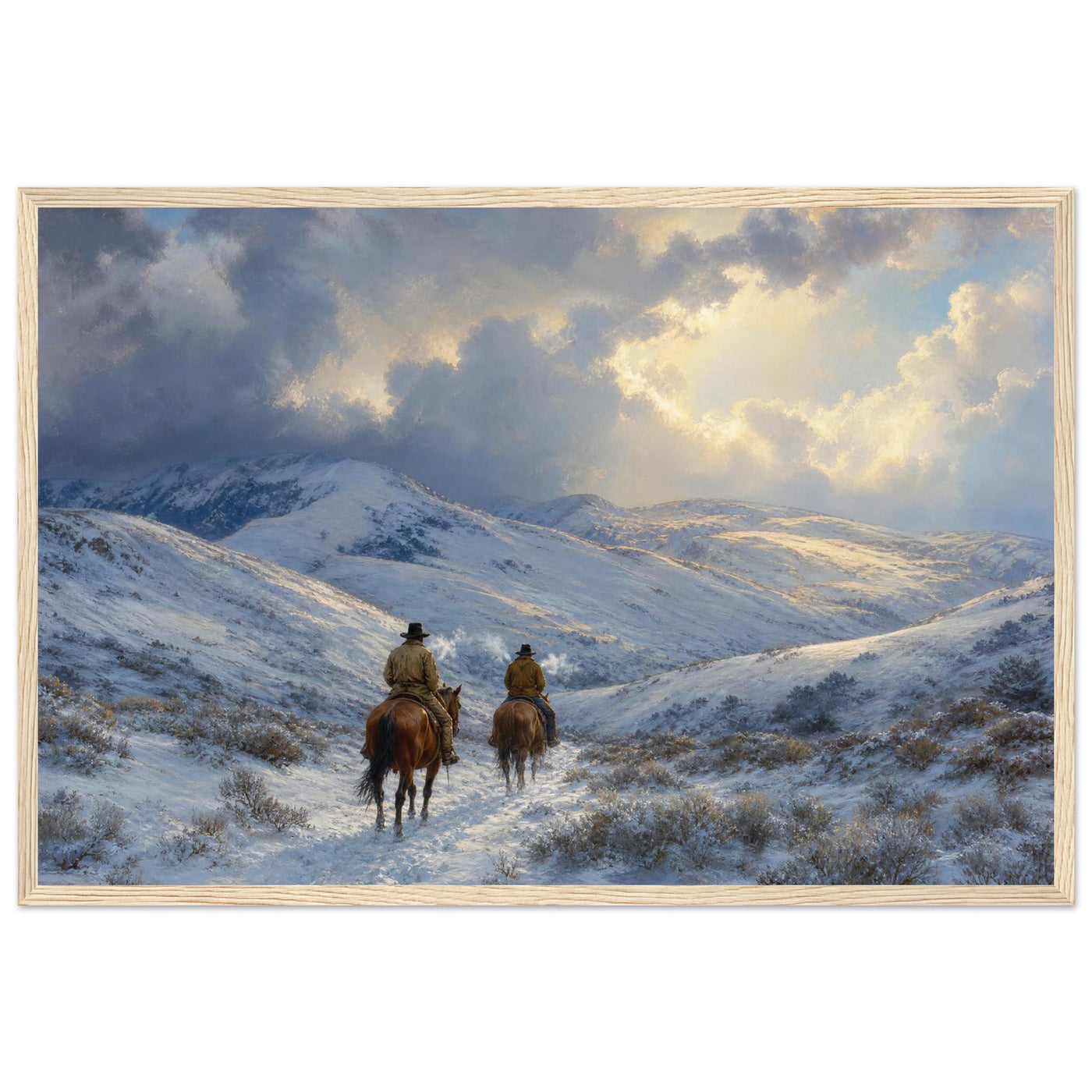 Framed panoramic art print of two riders on horseback crossing a snowy winter trail, in a solid wood frame.