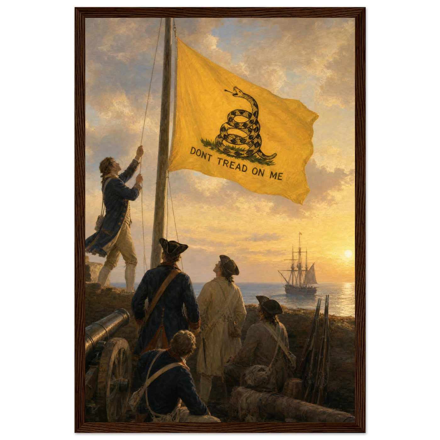 Framed print of the Gadsden 'Don't Tread on Me' flag at sea, ready to hang.