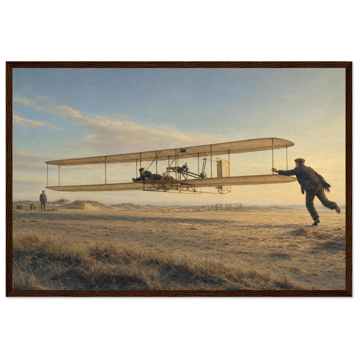 Wooden framed print of the Wright Brothers' first flight — room view, ready to hang.