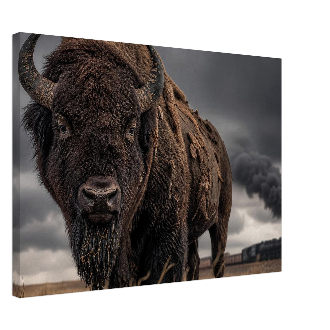Canvas print of a bison and a train on the plains — room view, ready to hang.