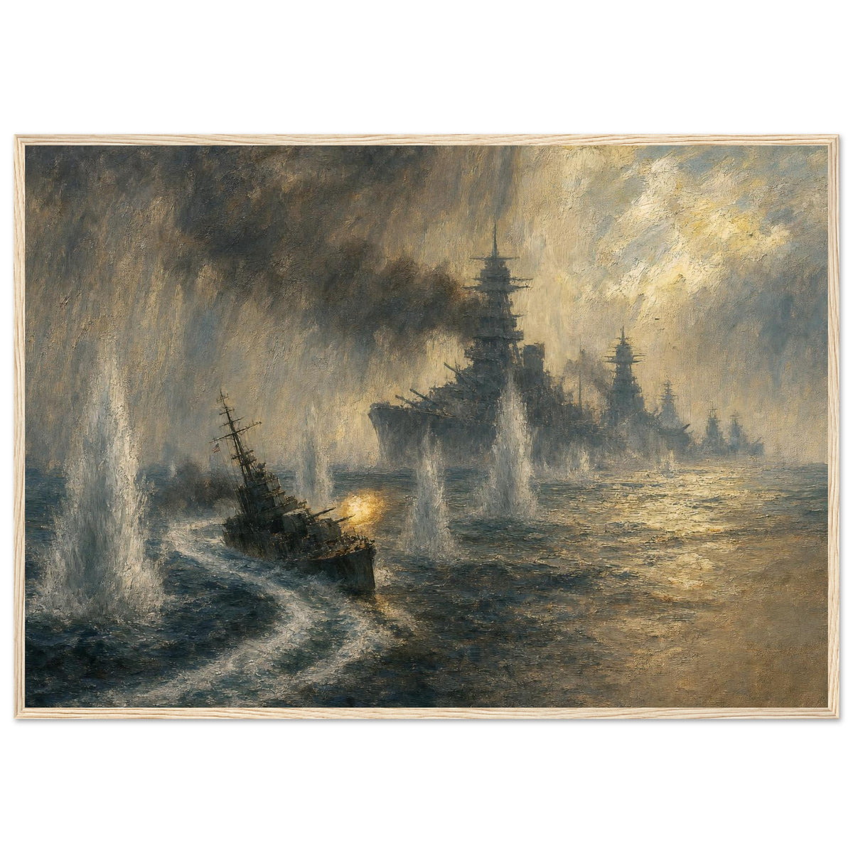 USS Johnston at Samar — framed fine art print of a destroyer charging Japanese battleships, 28x40″ in a natural wood frame