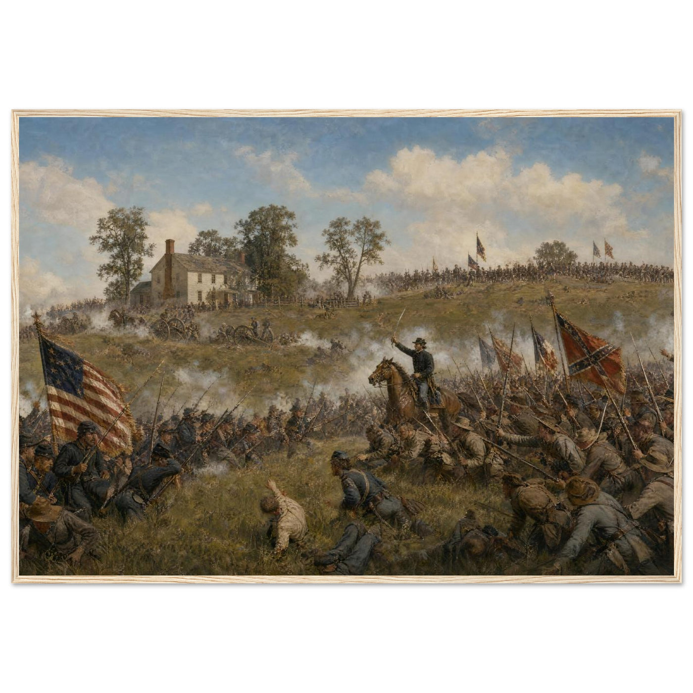 Framed panoramic art print of Confederate troops advancing across the open field during Pickett's Charge at Gettysburg, in a solid wood frame.