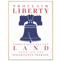 Proclaim Liberty — framed fine art print of the Liberty Bell in navy with red inscription, 12x16″ in a natural wood frame