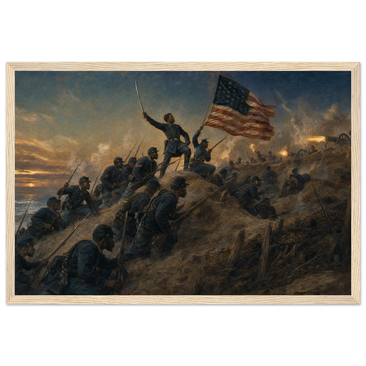Framed panoramic art print of soldiers advancing through smoke and fire on the battlefield, in a solid wood frame.