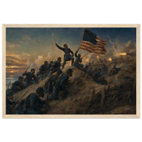 Framed panoramic art print of soldiers advancing through smoke and fire on the battlefield, in a solid wood frame.