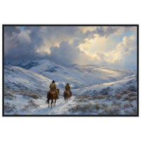 Framed panoramic art print of two riders on horseback crossing a snowy winter trail, in a solid wood frame.