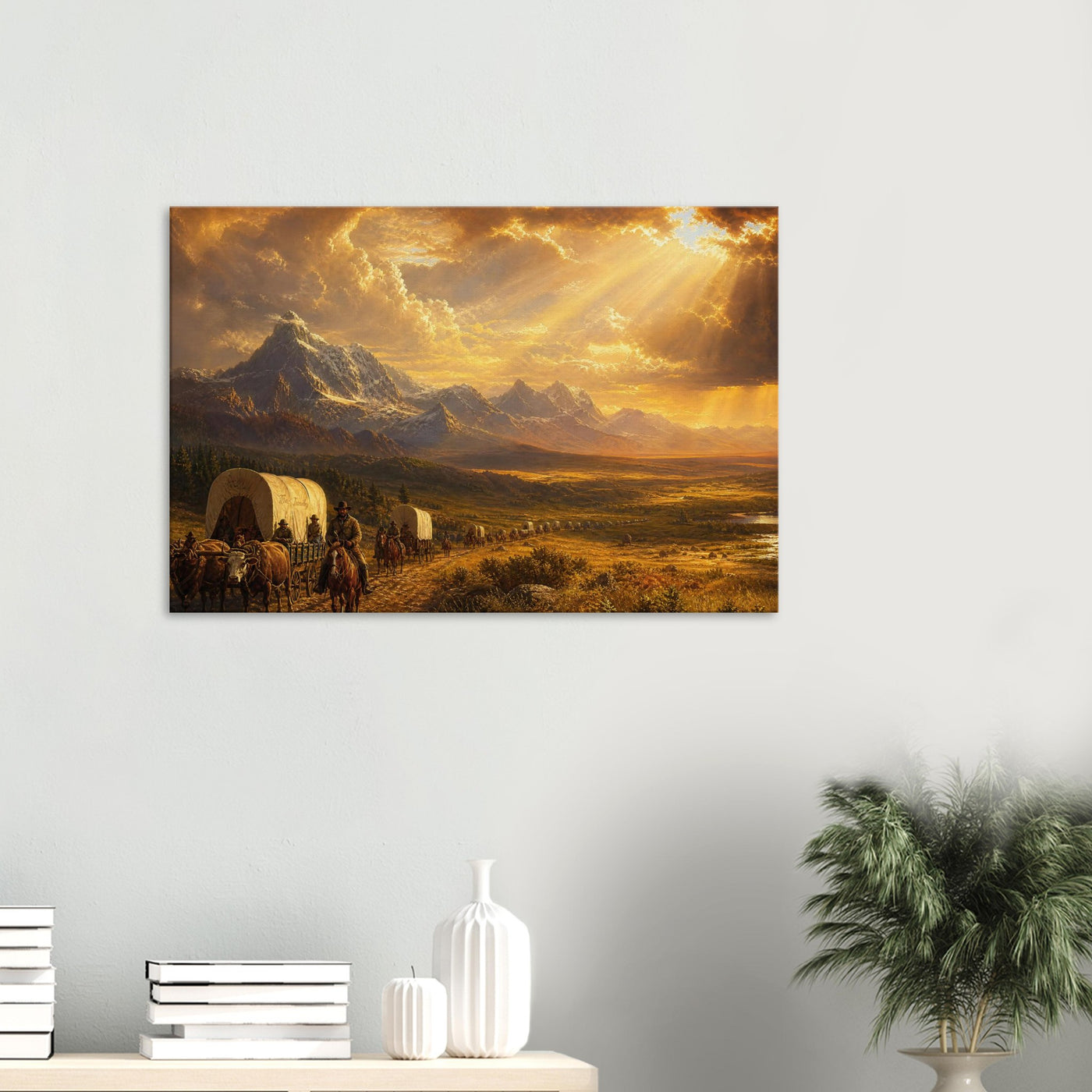 Canvas print of a pioneer wagon at golden hour — room view, ready to hang.