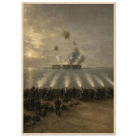 Fort Sumter, 1861 — framed fine art print of shore batteries firing on the fort at dawn, 28x40″ in a natural wood frame