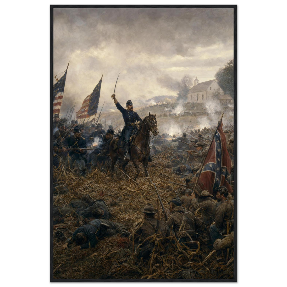 Framed print of a Civil War battlefield, ready to hang.