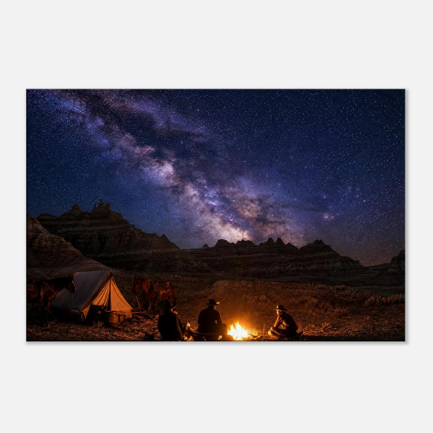 Canvas print of a campfire beneath the Milky Way — room view, ready to hang.