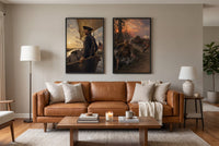 The Partisans framed prints hung above a sofa in a living room