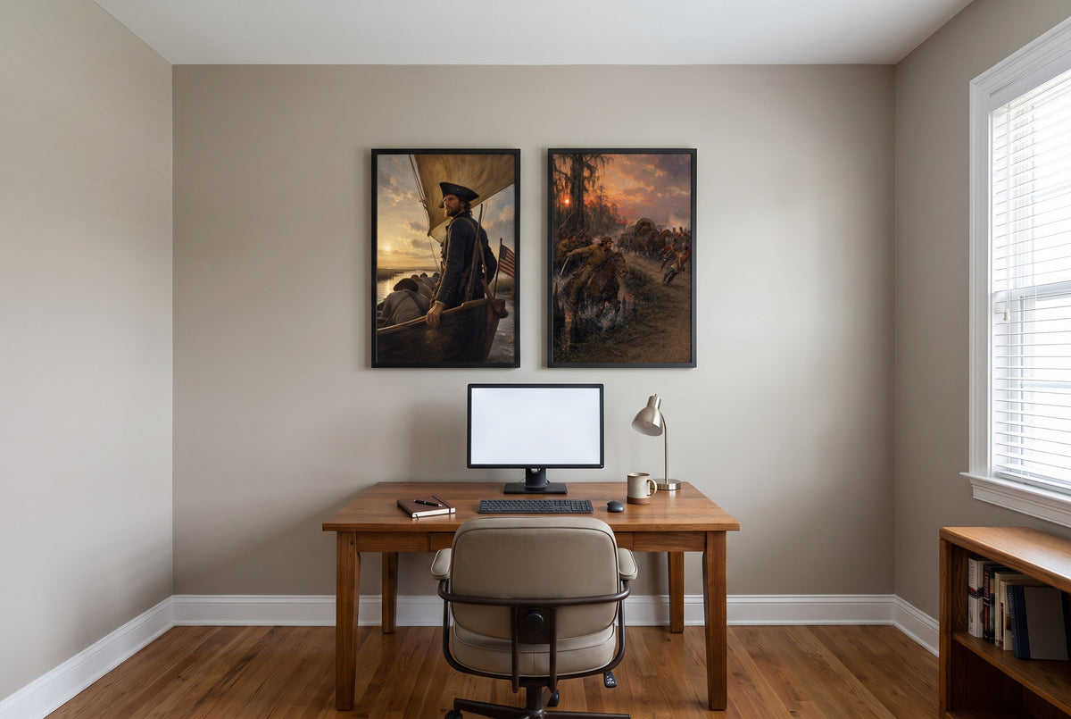 The Partisans framed prints hung in a home office