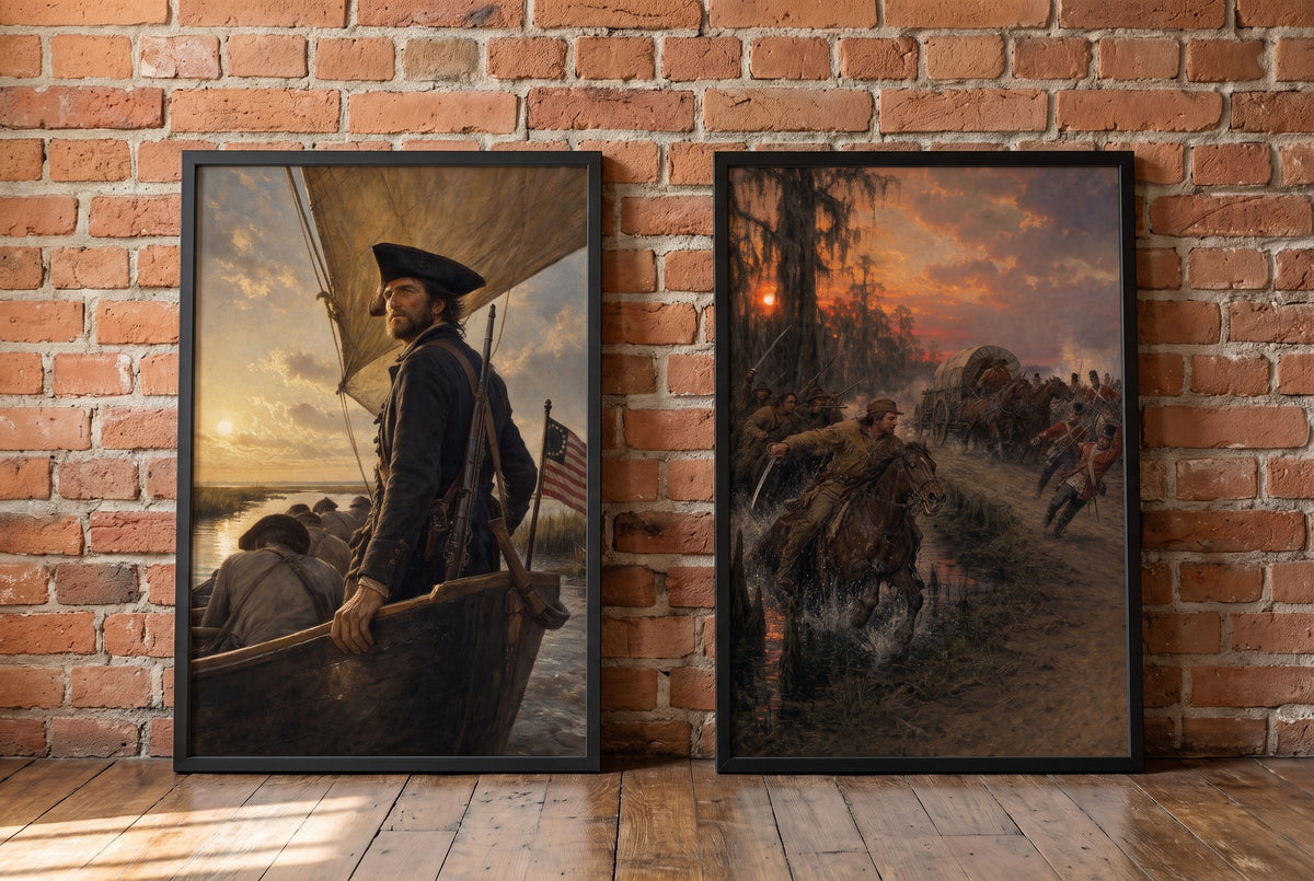 The Partisans framed prints leaning against a brick wall