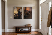 The Partisans framed prints hung in a front entry