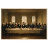 The Presidents' Table — framed fine art print of thirteen presidents along a long table, Lincoln at center, the Capitol dome in the window, in a natural wood frame