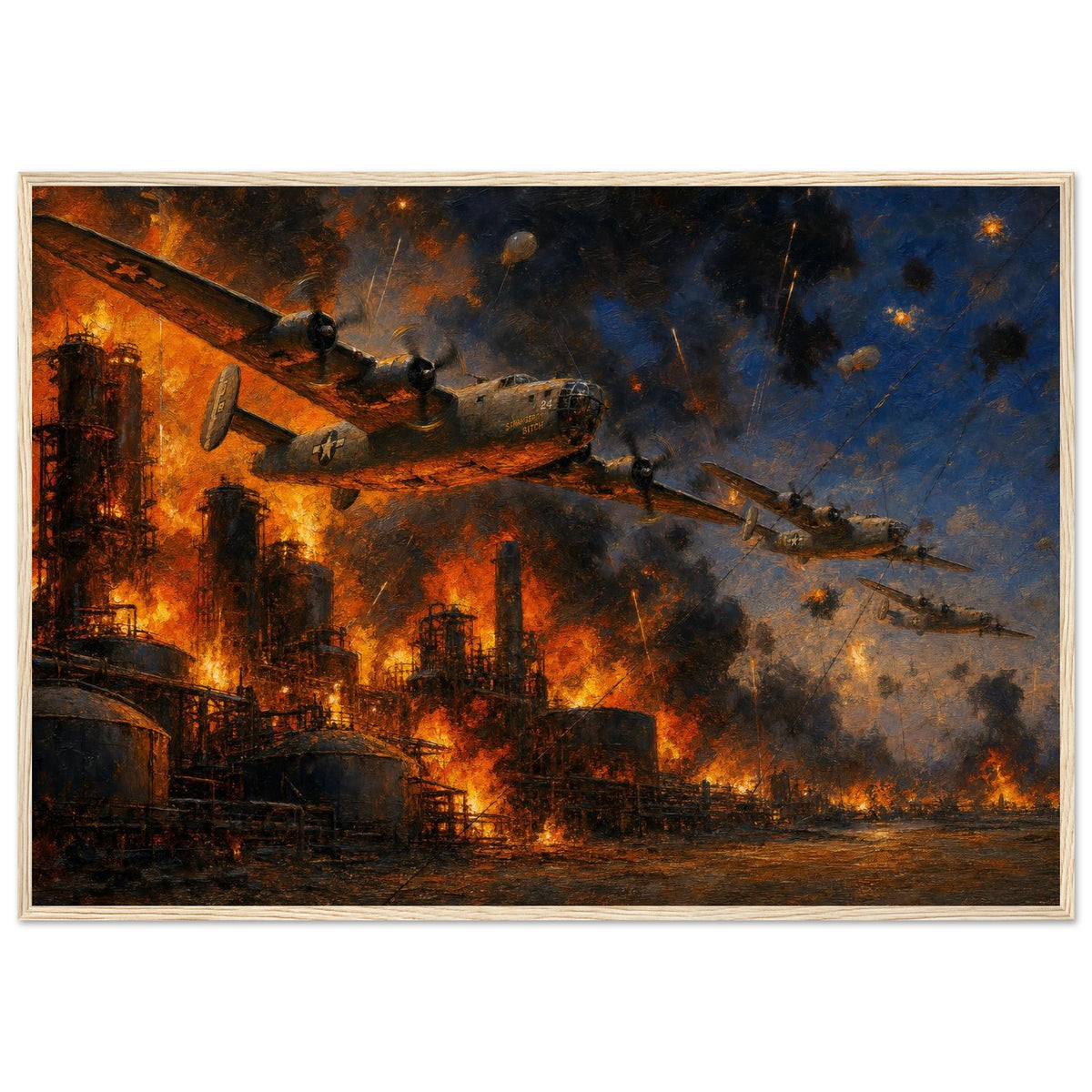 Ploesti, 1 August 1943 — framed fine art print of B-24s low over burning oil refineries, 12x18″ in a natural wood frame