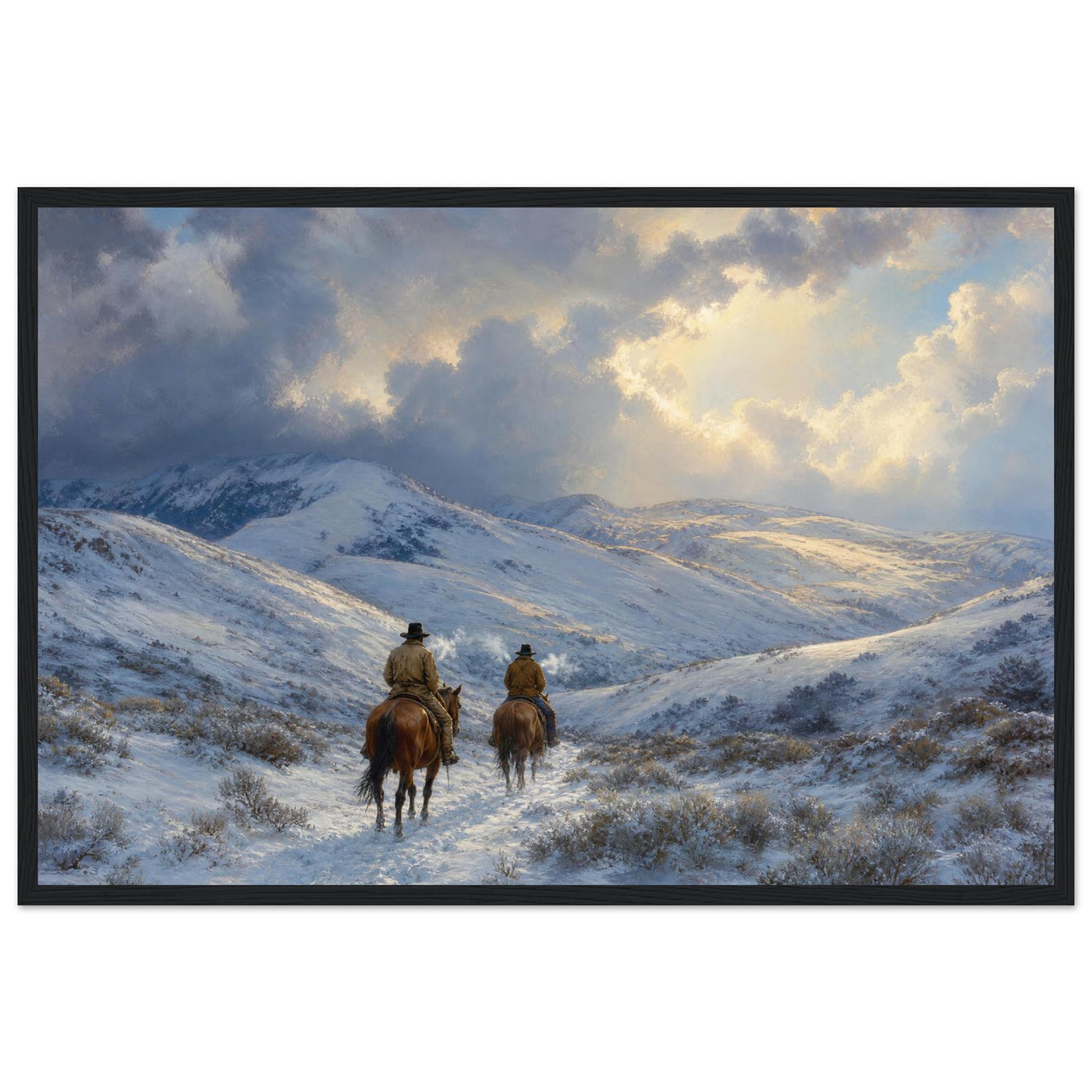 Framed panoramic art print of two riders on horseback crossing a snowy winter trail, in a solid wood frame.