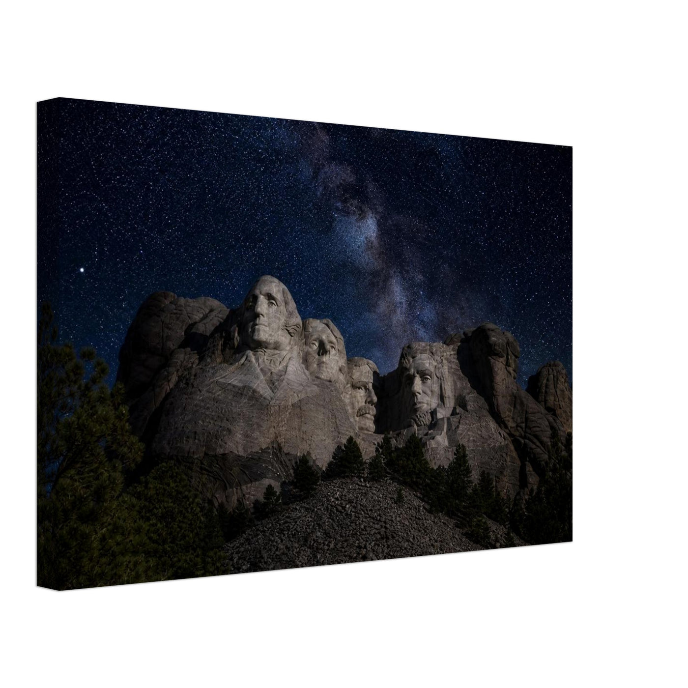 Canvas print of Mount Rushmore under the Milky Way — room view, ready to hang.