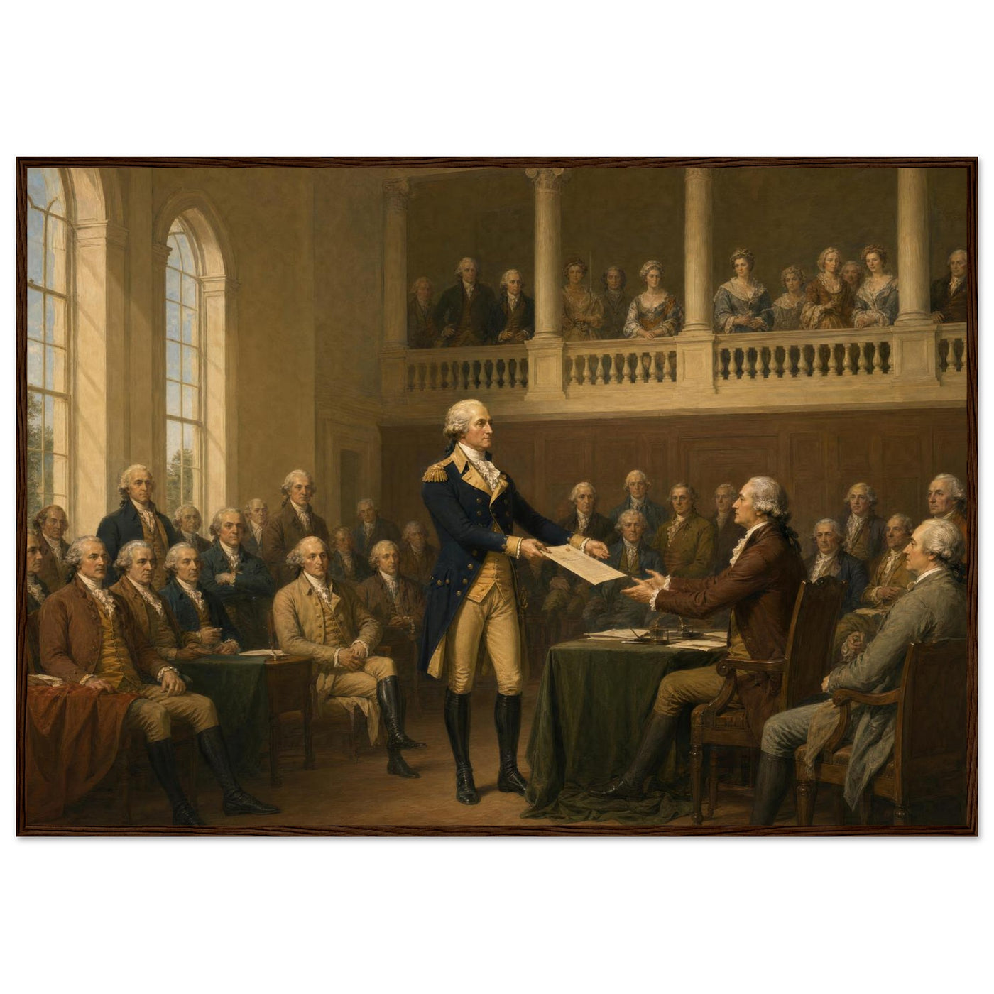 Framed print of Washington resigning his commission, ready to hang.