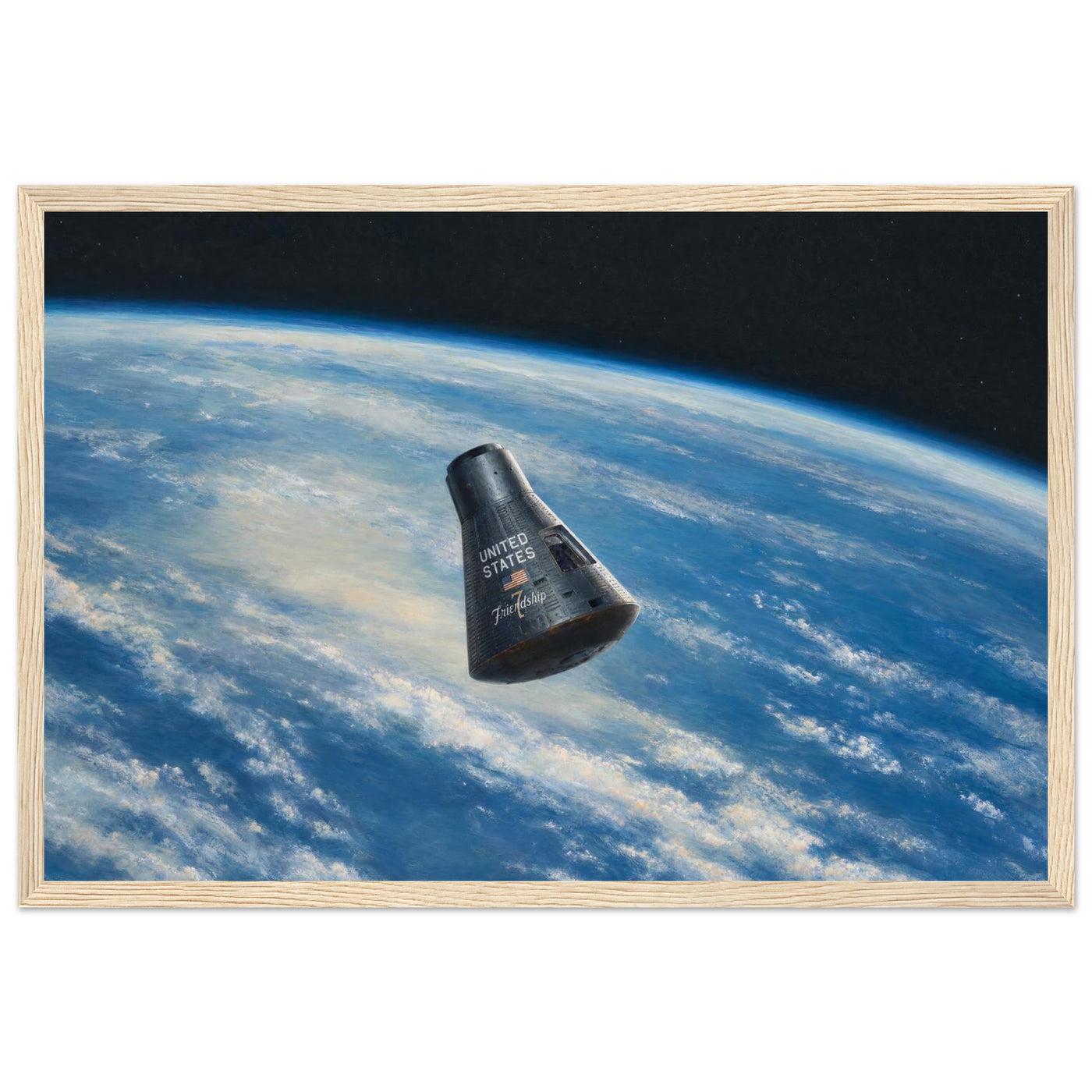 Framed panoramic art print of the Friendship 7 capsule orbiting Earth against the black of space, in a solid wood frame.