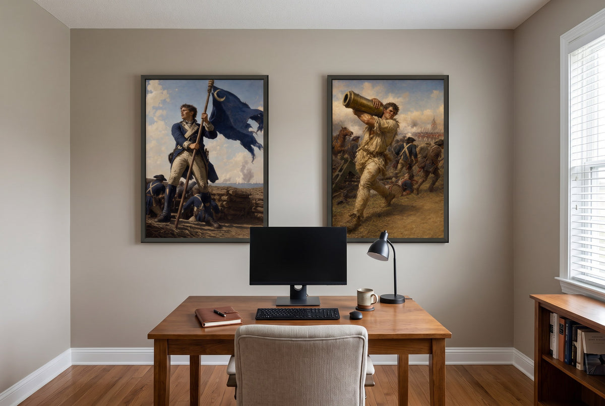 Acts of Valor framed prints hung in a home office