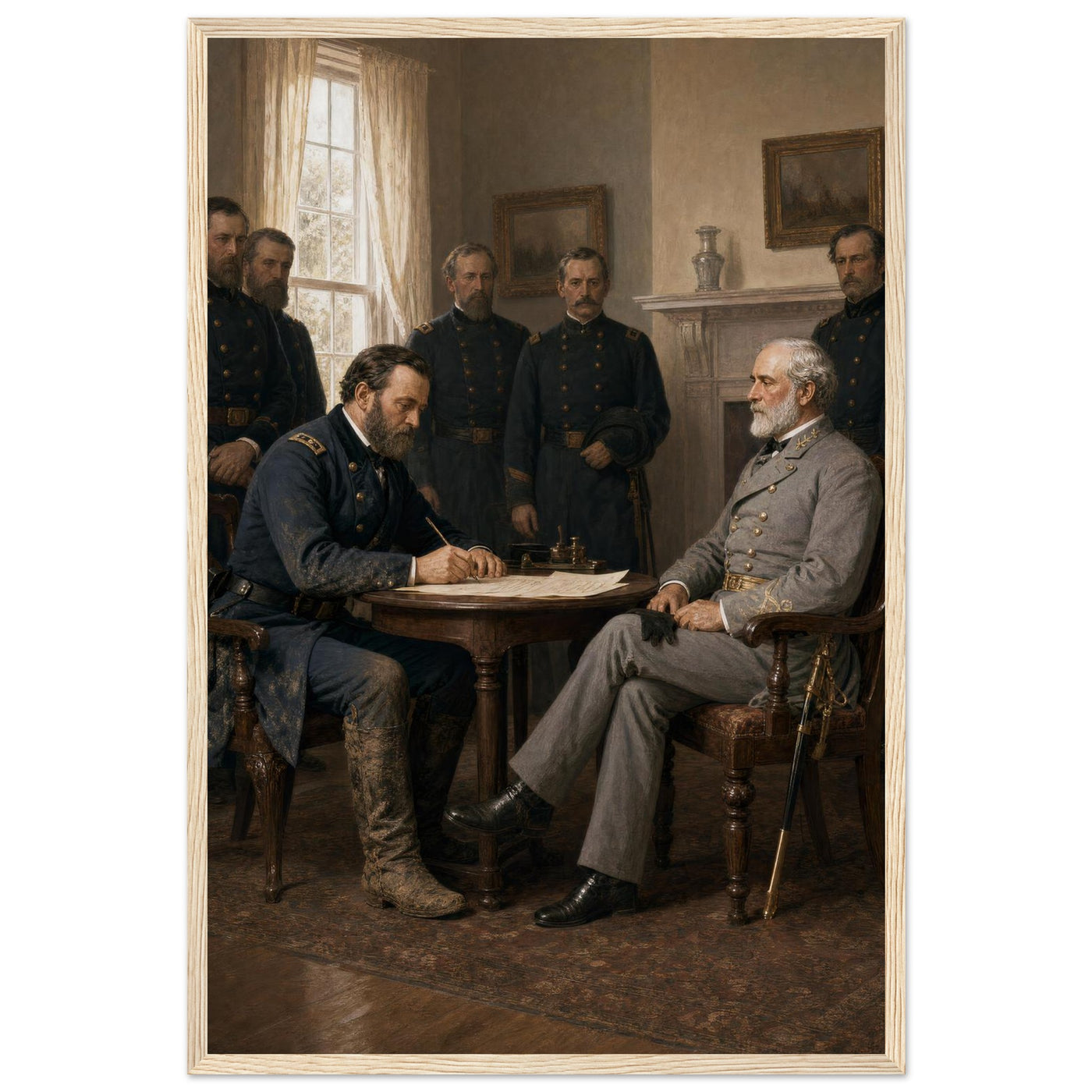 Framed print of Lee and Grant at the Appomattox surrender, ready to hang.