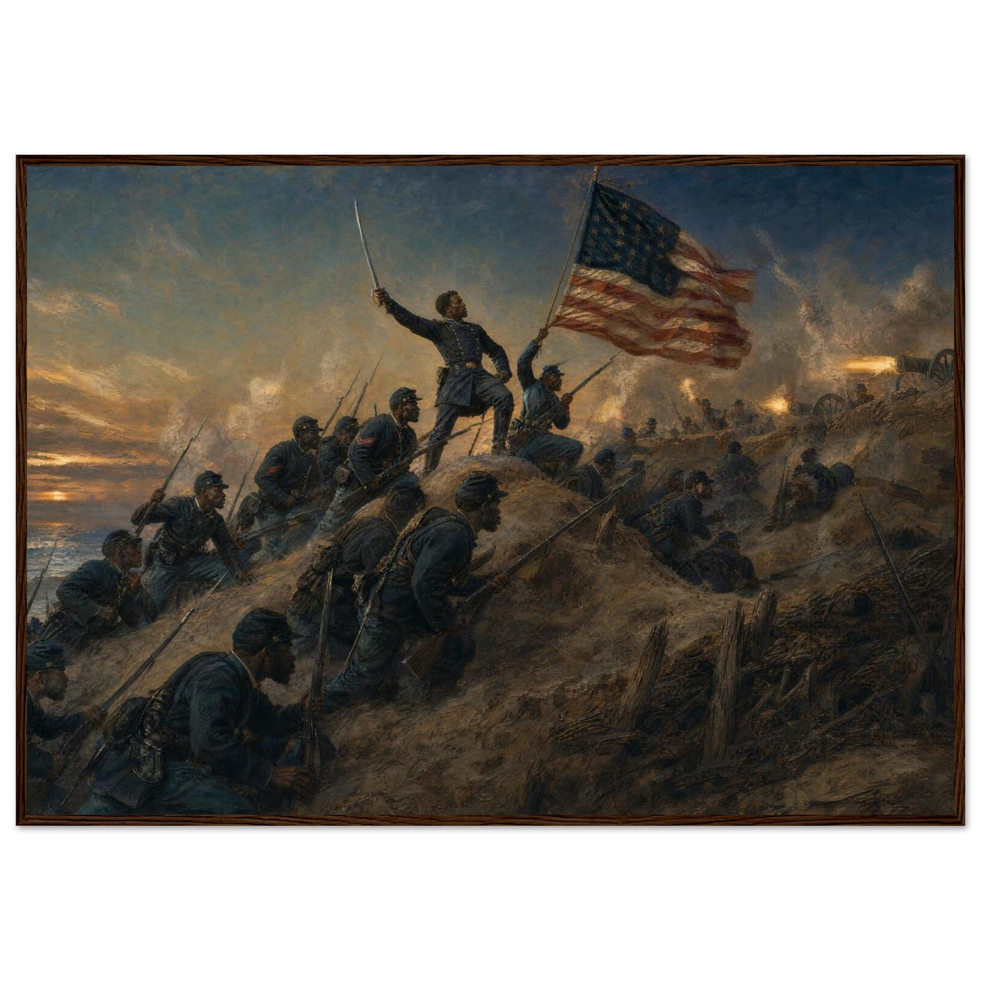 Framed panoramic art print of soldiers advancing through smoke and fire on the battlefield, in a solid wood frame.