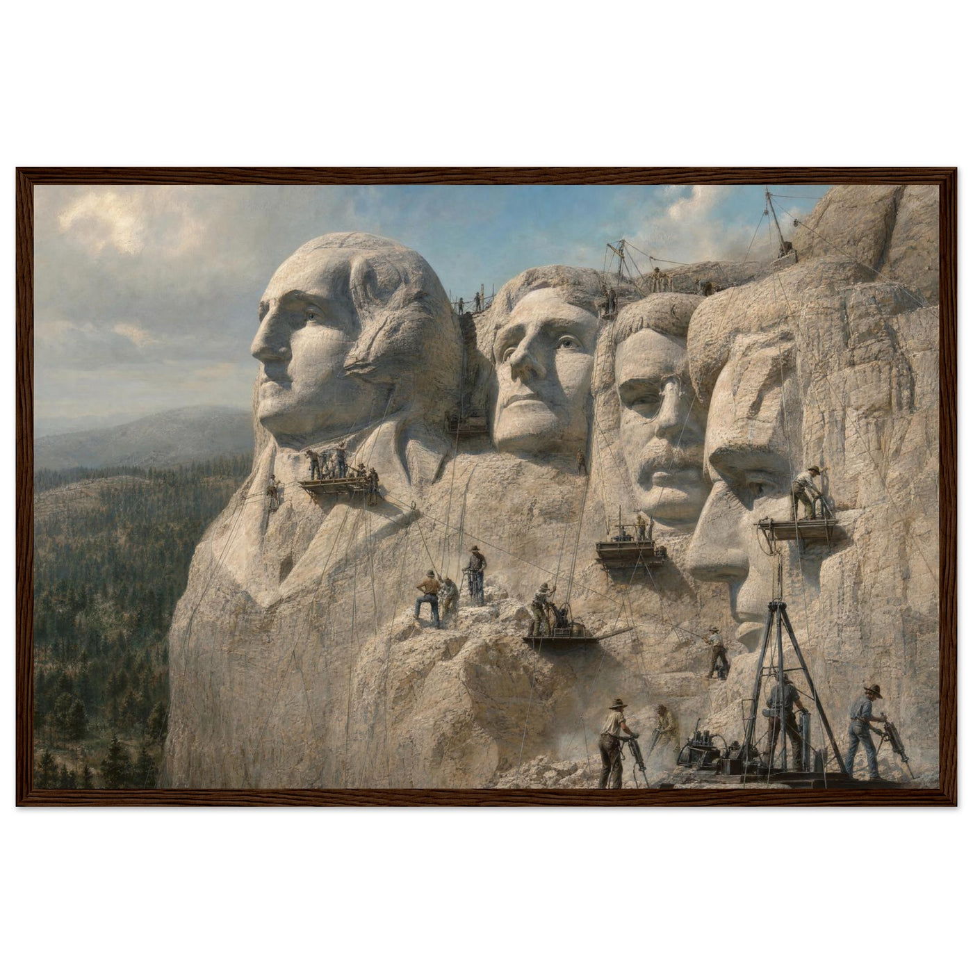 Framed panoramic art print of workers carving the presidential faces of Mount Rushmore, in a solid wood frame.