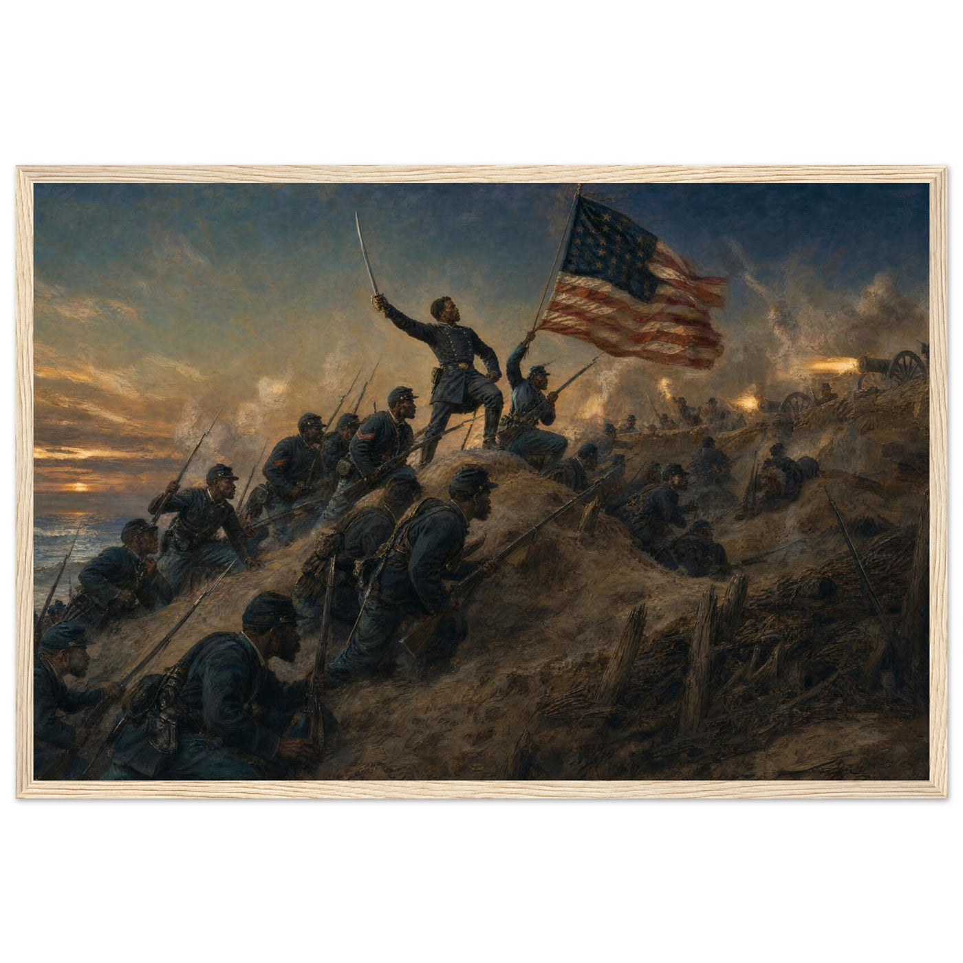Framed panoramic art print of soldiers advancing through smoke and fire on the battlefield, in a solid wood frame.
